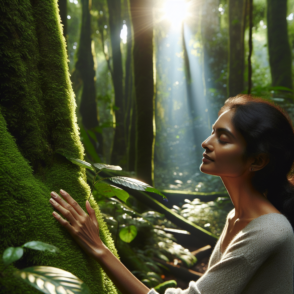 An image depicting a person walking slowly through a dense, lush forest. Sunlight filters through the canopy of tall trees, casting a gentle glow on the foliage. The individual is gently touching the moss-covered bark of a tree, eyes closed, fully engaging their senses in the serene environment.