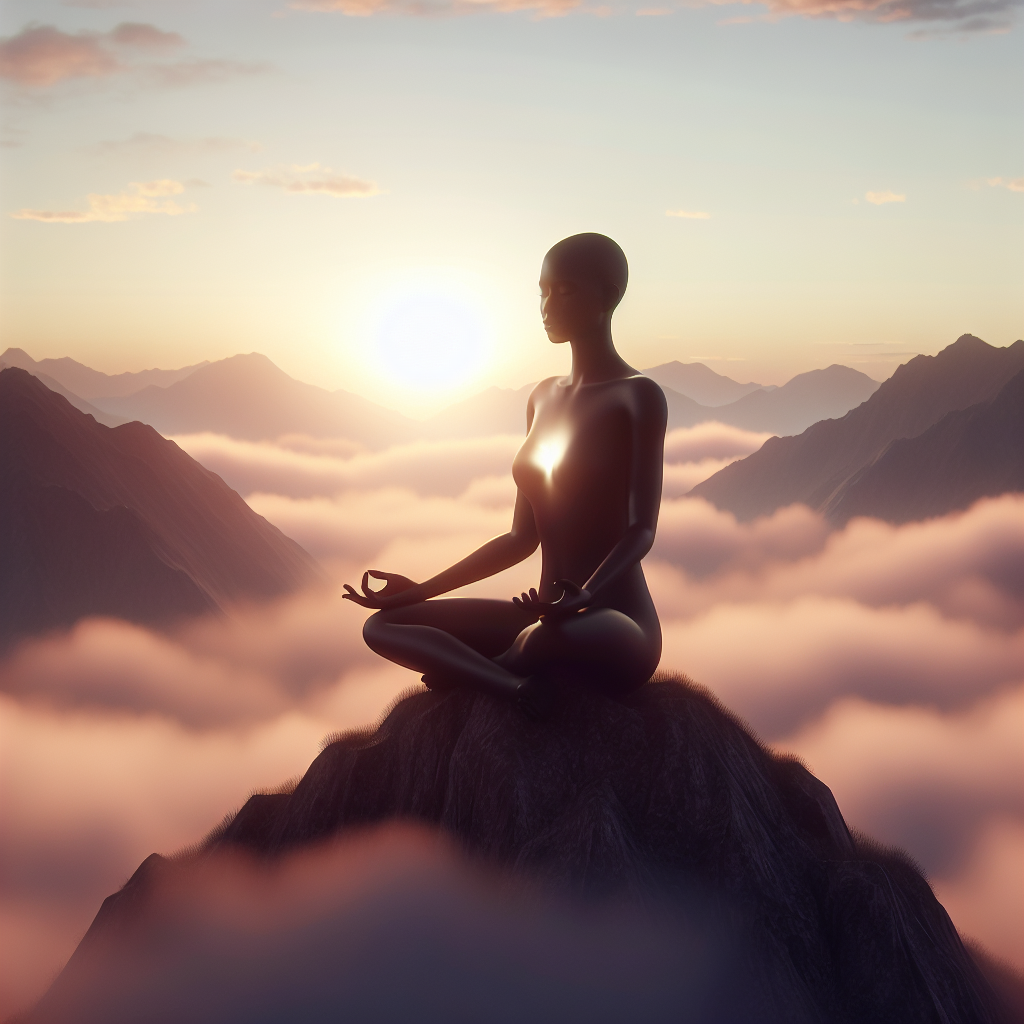 An individual seated in the lotus position atop a tranquil mountain peak during sunrise, eyes gently closed and hands resting on knees. Soft clouds surround the mountain, and the warm hues of dawn symbolize the beginning of a peaceful journey inward.