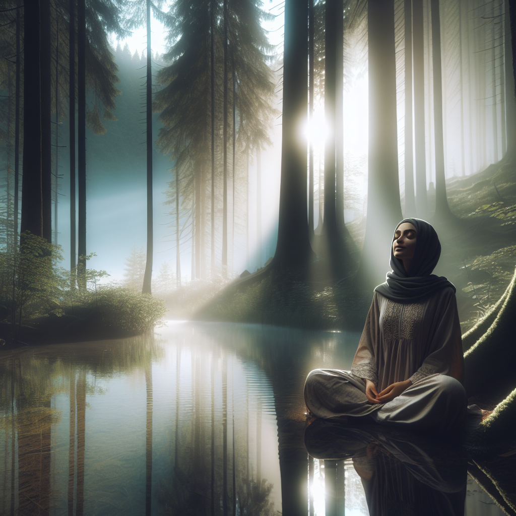 An image depicting a person sitting cross-legged in a serene natural setting, such as a quiet forest clearing or by a calm lake at sunrise. The individual has their eyes closed and a gentle smile, embodying peace and introspection. Soft light filters through the trees, highlighting the tranquil atmosphere and emphasizing the connection with their inner self.