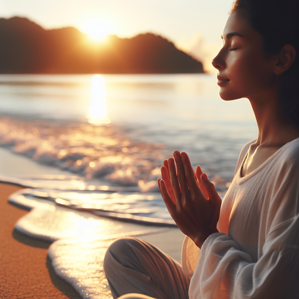 A close-up image of a person sitting cross-legged on a calm beach at sunrise, eyes gently closed, hands resting on knees with palms facing upward. Soft waves lap at the shore, and the warm hues of the rising sun cast a golden glow, highlighting the serenity of mindful breathing in harmony with nature.
