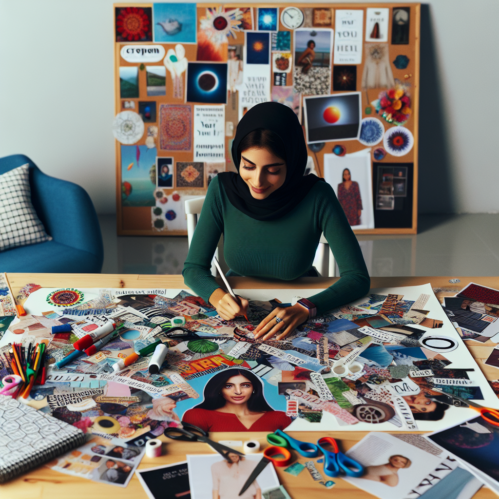 A photo of a person sitting at a table covered with magazines, scissors, glue, and a large poster board, creating a vision board with images and words that represent their dreams and goals. The board is filled with vibrant pictures, inspirational quotes, and affirmations. The person looks focused and happy, immersed in the creative process in a well-lit, inspiring space.