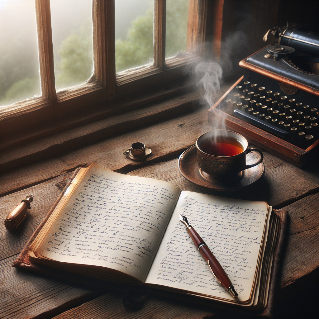 An open journal with handwritten entries laid out on a rustic wooden table, accompanied by a steaming cup of tea and a fountain pen, set beside a window with soft natural light pouring in, symbolizing reflection and self-exploration.