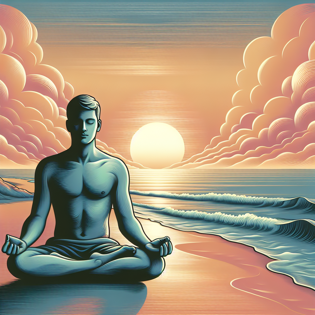 An illustration of a person sitting cross-legged on a tranquil beach at sunset, eyes gently closed, with soft waves lapping at the shore. The sky is awash with warm hues of orange and pink, symbolizing peace and presence in the moment.
