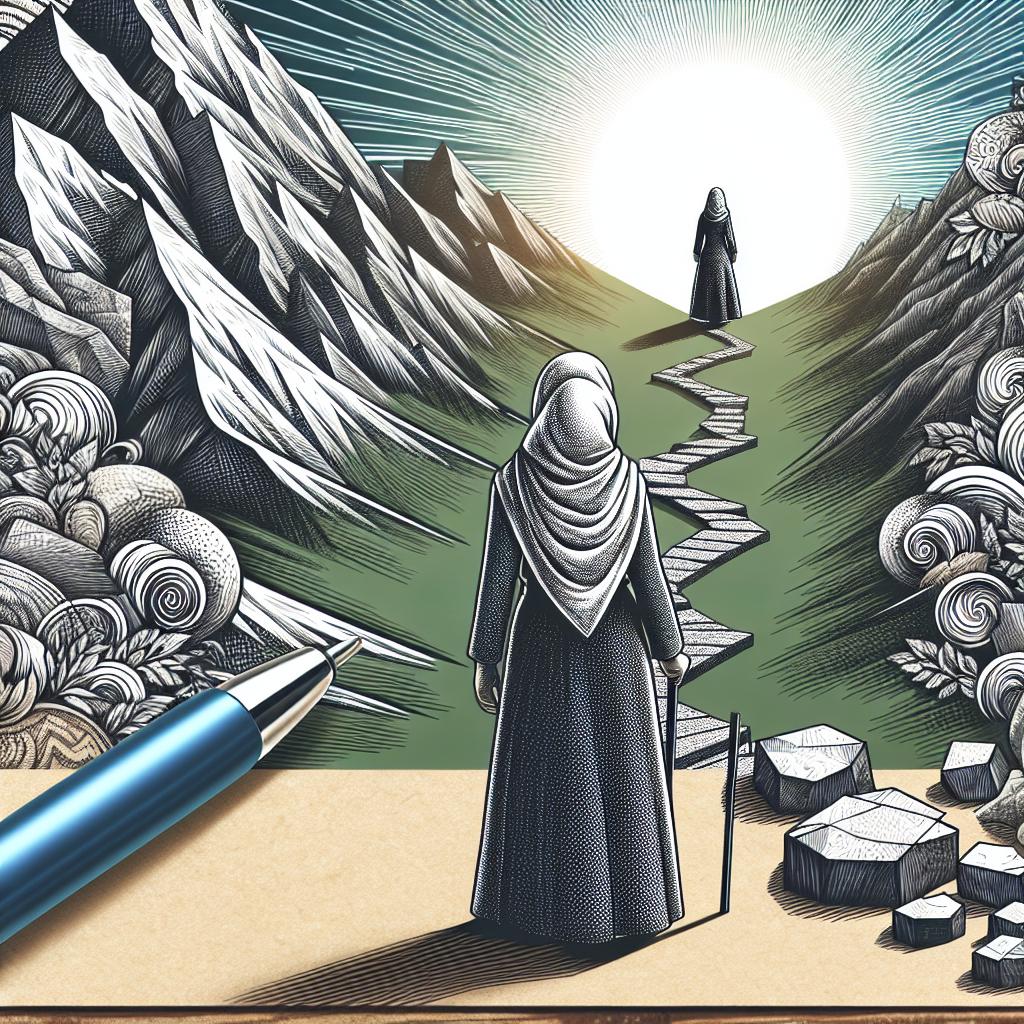 An illustration of a person standing at the base of a mountain path, looking up with determination. The mountain has various obstacles like rocks and storms, but the path leads up to a bright horizon symbolizing growth and achievement. The image conveys overcoming challenges with a positive mindset.