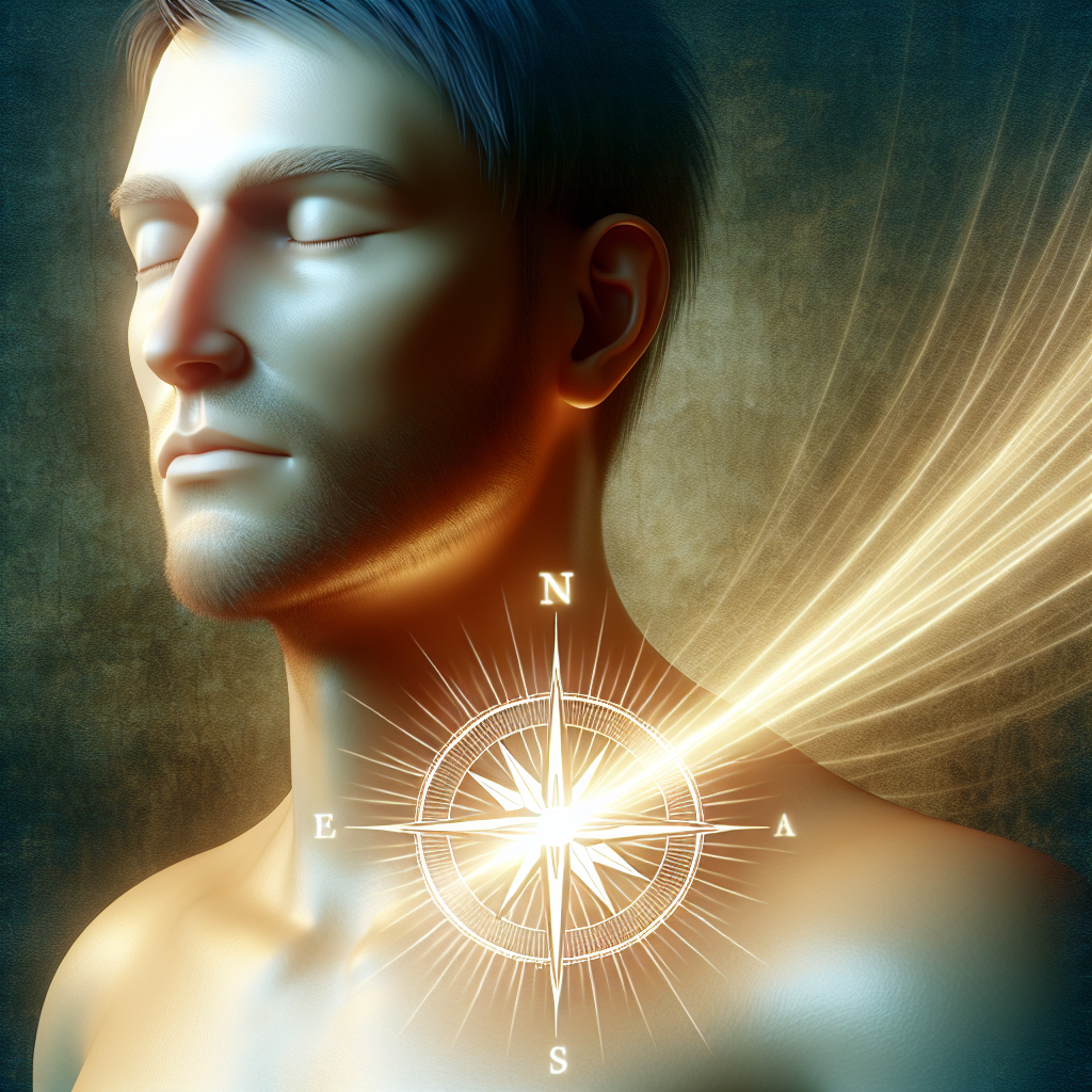 An illustration of a person standing calmly with eyes closed, a subtle glow emanating from their heart area forming the shape of a compass, symbolizing intuition guiding them through life's journey.