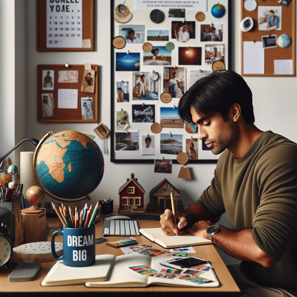 An image of a person sitting at a tidy desk, deeply focused while writing in a journal. The desk has symbolic items like a small globe, a miniature house, and a coffee mug that says 'Dream Big.' On the wall behind, there's a vision board with pictures and notes outlining specific goals, emphasizing the importance of clarity in defining desires.
