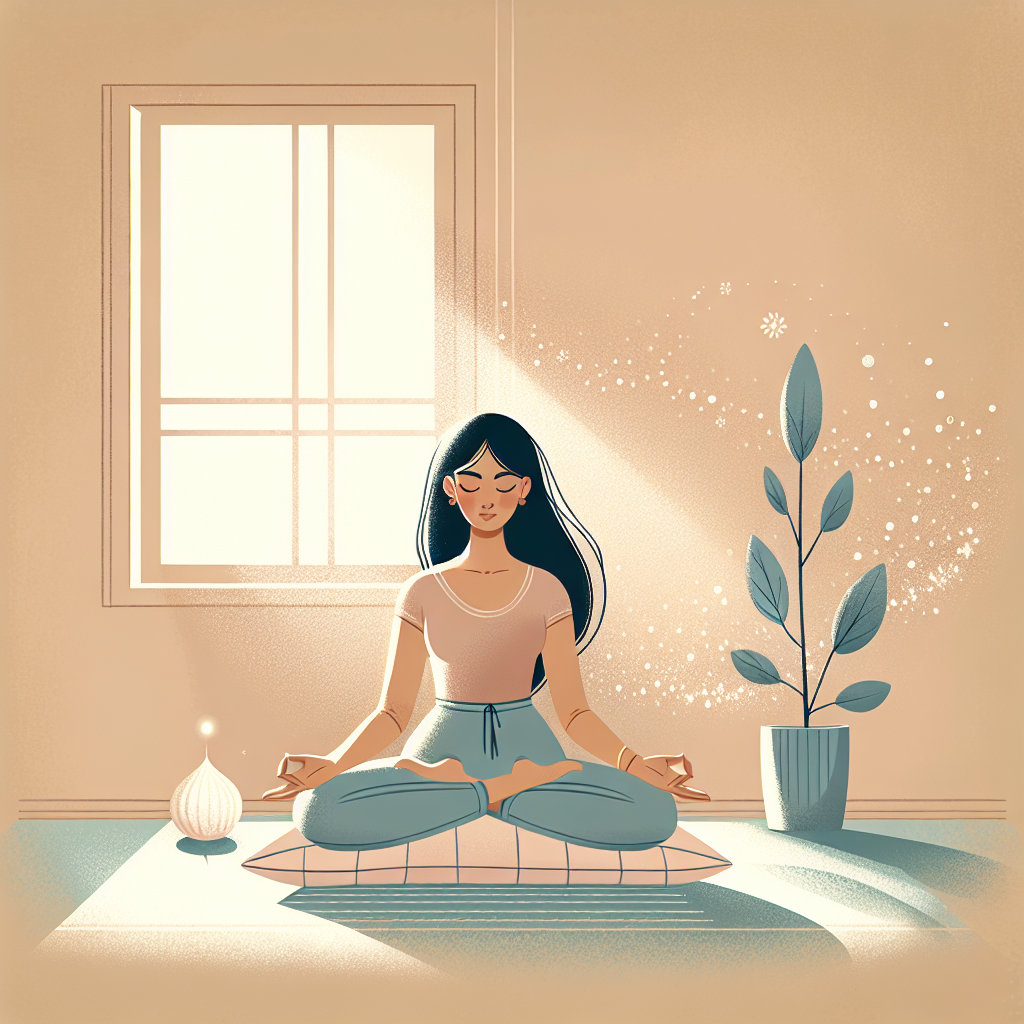 A serene image of a person sitting cross-legged on a cushion in a quiet room, eyes gently closed, hands resting on knees with palms facing upward. Soft sunlight filters through a nearby window, illuminating floating dust particles and casting a warm glow. The background is minimalistic, with neutral colors and a small potted plant or a lit candle, emphasizing the calm and focused atmosphere of mindfulness meditation.