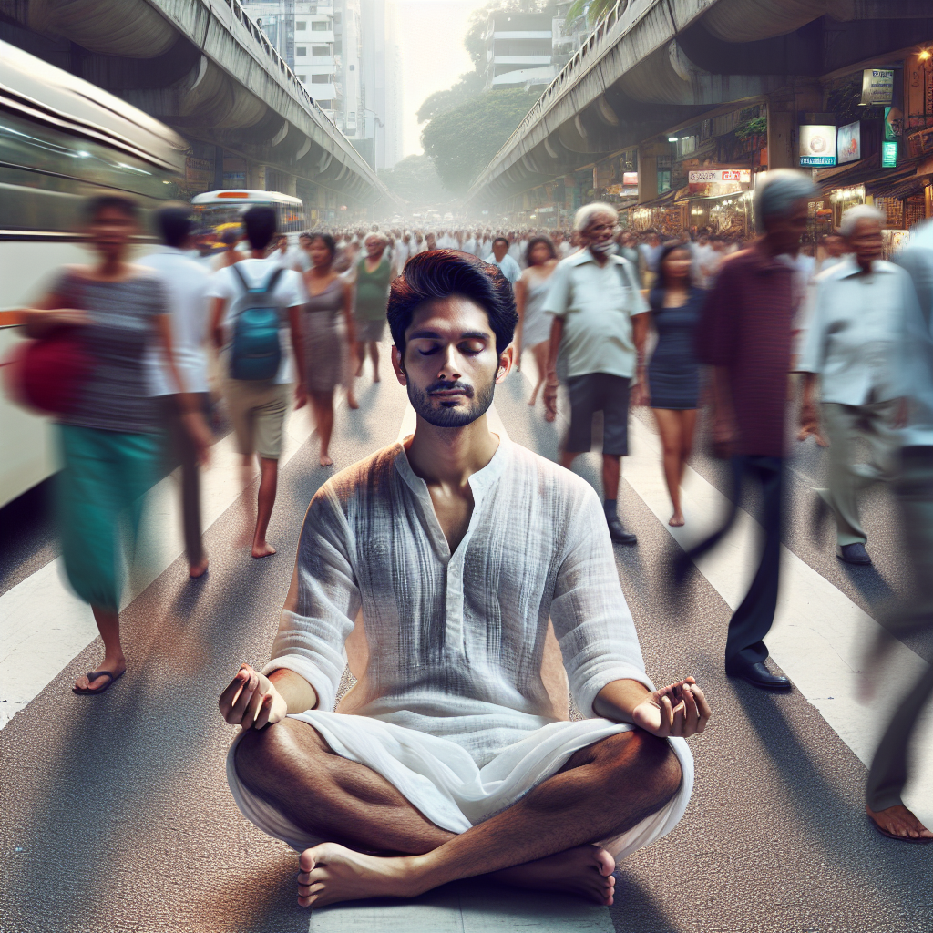 A serene scene of a person meditating calmly in the center of a busy city street. The individual sits cross-legged with eyes closed, emanating a soft glow, while the world around them is a blur of motion—people walking, cars moving—depicting finding inner peace amidst the chaos of modern life.