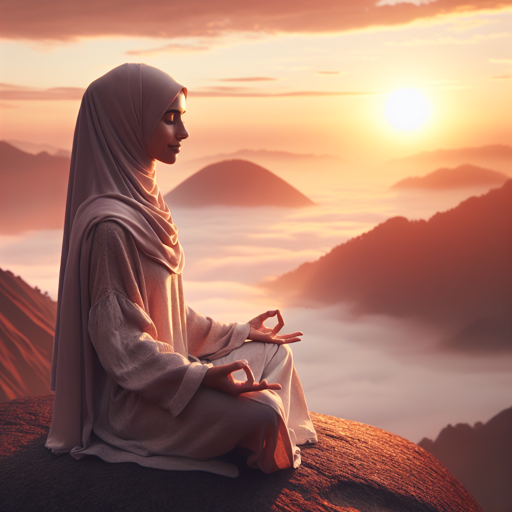 A tranquil scene of a person meditating on a mountaintop at sunrise. The individual sits cross-legged on a flat rock, eyes gently closed, with a soft smile. Dressed in simple attire, they face the horizon where the golden sun is just emerging, casting warm hues of orange and pink across the sky. Below, layers of mist cover the valleys, and a few clouds float gently. The overall atmosphere conveys peace, clarity, and a connection with the present moment.