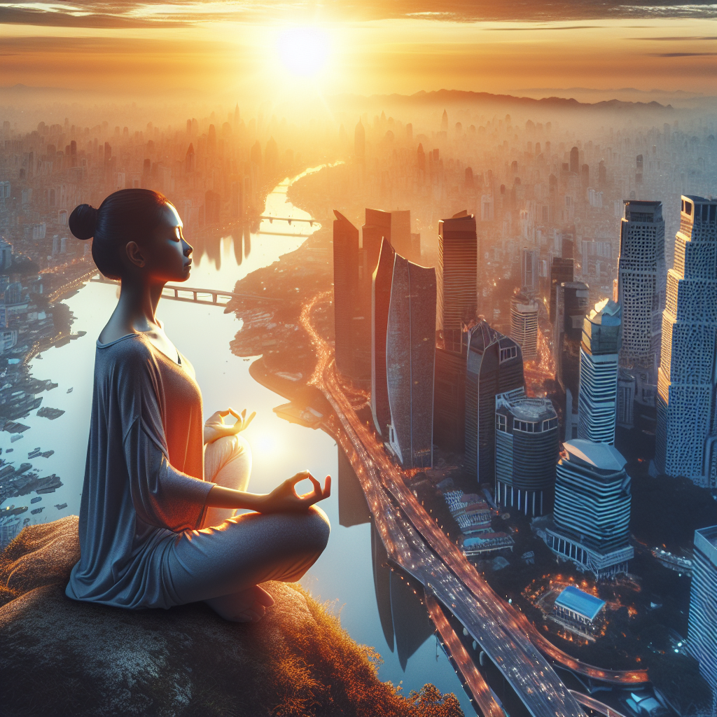An image depicting a person sitting peacefully atop a hill overlooking a busy cityscape at sunrise. The individual is in a meditative pose, eyes closed, emanating calmness despite the bustling world below. The contrast illustrates the concept of finding inner peace amidst life's chaos.