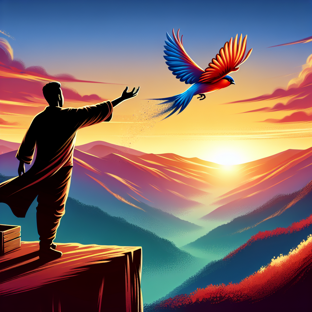 An illustration of a person standing at the edge of a cliff, releasing a bird into the open sky, symbolizing the act of letting go and embracing freedom.