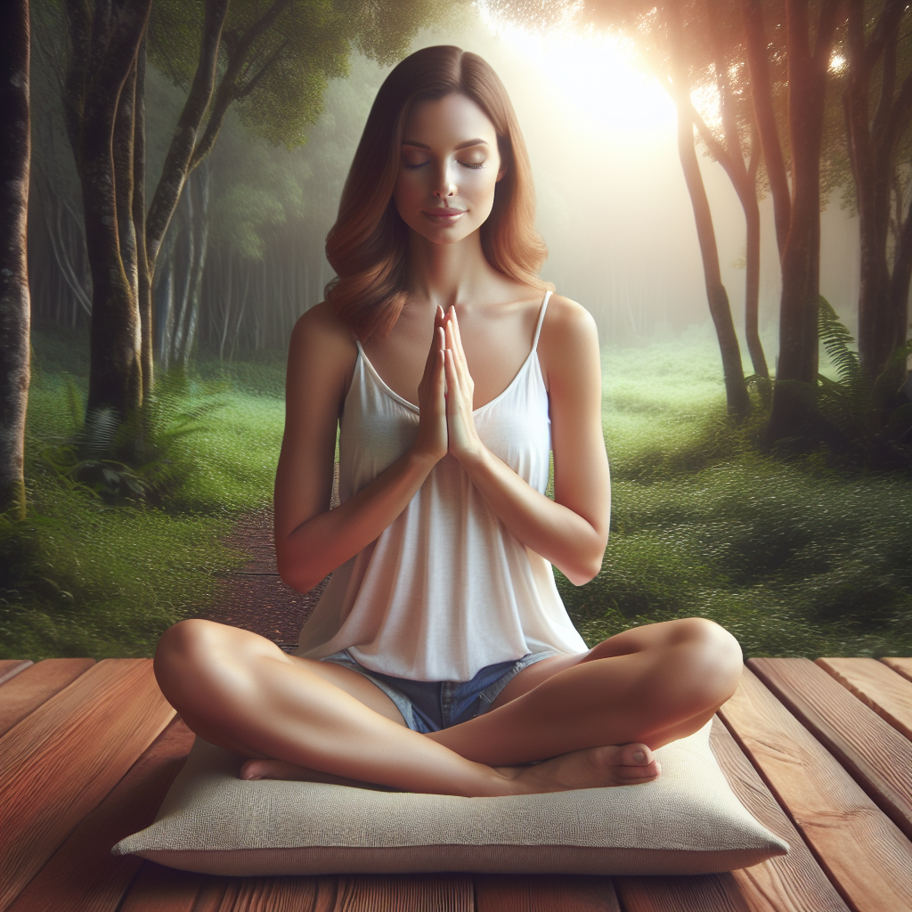 An image of a person sitting cross-legged on a cushion in a peaceful, natural setting like a tranquil forest clearing at sunrise, eyes gently closed, hands resting on knees, symbolizing inner calm and presence.