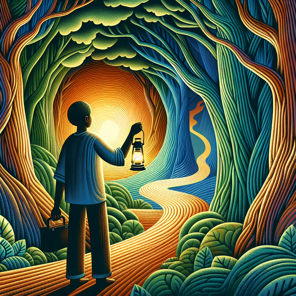 An illustration of a person standing at the beginning of a winding path that leads through a lush, vibrant forest. They hold a lantern that casts a warm glow, symbolizing illumination and insight. The path represents the adventure of self-exploration, disappearing into the distance to signify the unknown aspects of the self yet to be discovered.