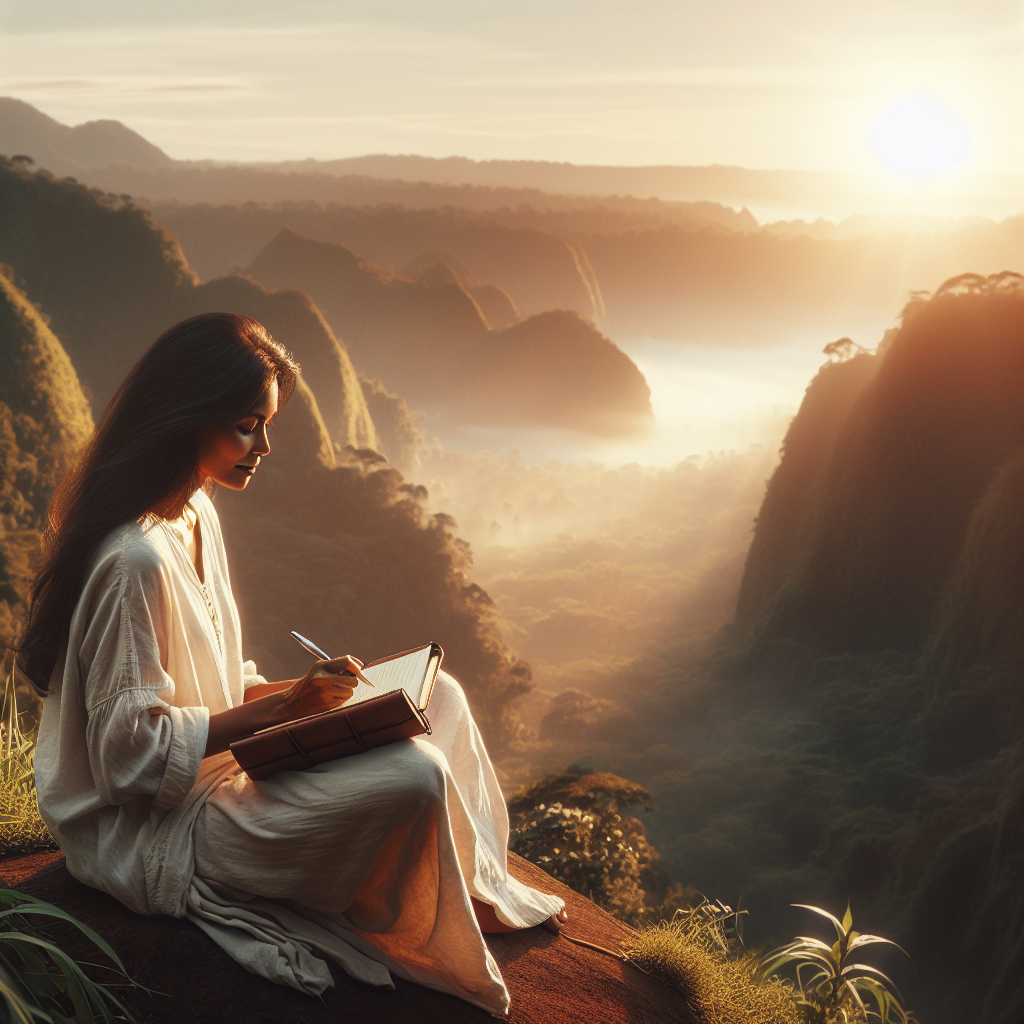 An image depicting a person seated peacefully in a natural setting, such as atop a cliff overlooking a valley at sunrise. The individual is writing in a journal, with soft rays of morning light illuminating the pages, symbolizing the commencement of a journey toward spiritual awakening and self-discovery through journaling.