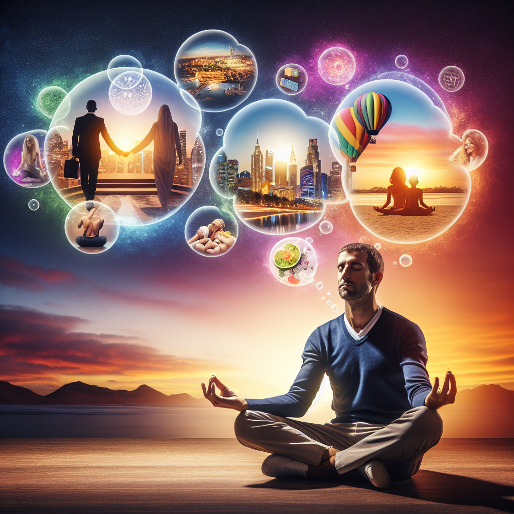 An individual seated peacefully in meditation, eyes closed, with softly glowing thought bubbles emerging from their mind. Each bubble contains vivid images representing personal goals like a thriving business, a loving relationship, artistic pursuits, and health milestones, illustrating the process of channeling thoughts into desired outcomes.