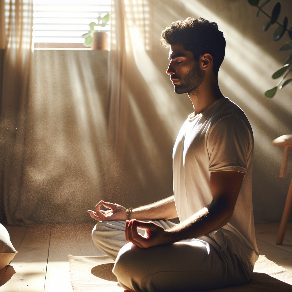 An individual sits peacefully on a cushion in a sunlit room, eyes closed and hands resting gently on their knees in a meditative pose. The room is minimalistic, adorned only with a few plants and soft fabrics, emphasizing tranquility. Sunlight streams through a nearby window, casting a warm glow that highlights dust particles suspended in the air, symbolizing immersion in the present moment.