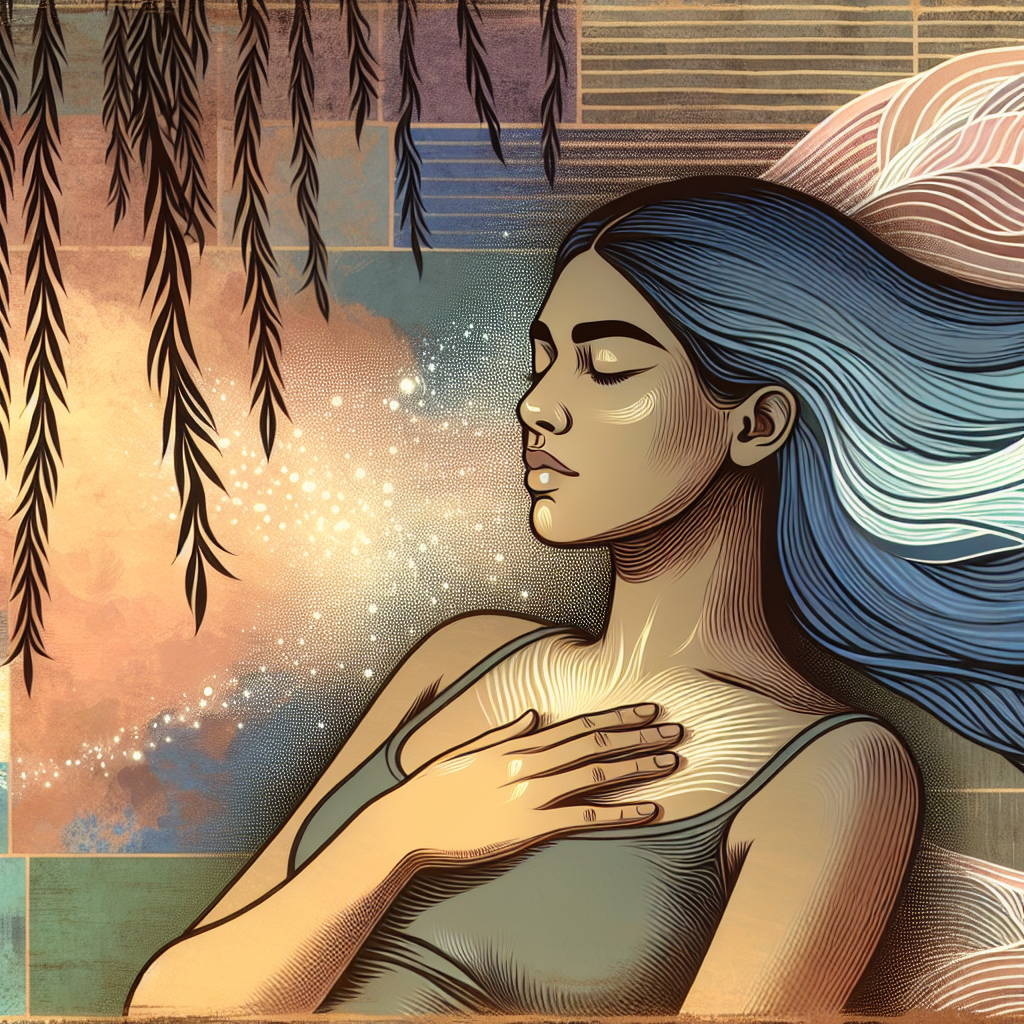 An illustration of a person lying down or sitting comfortably with one hand on their chest and the other on their belly, eyes closed, focusing on deep breathing amidst a peaceful, zen-like background.