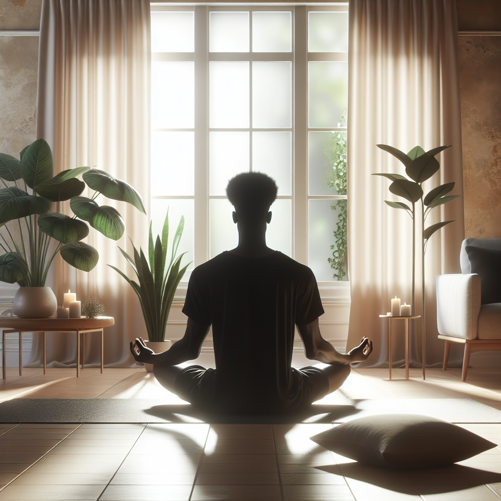 A tranquil scene of a person meditating in a quiet room with soft natural light streaming through a window, surrounded by minimalistic decor and a few indoor plants, conveying peace and focus.