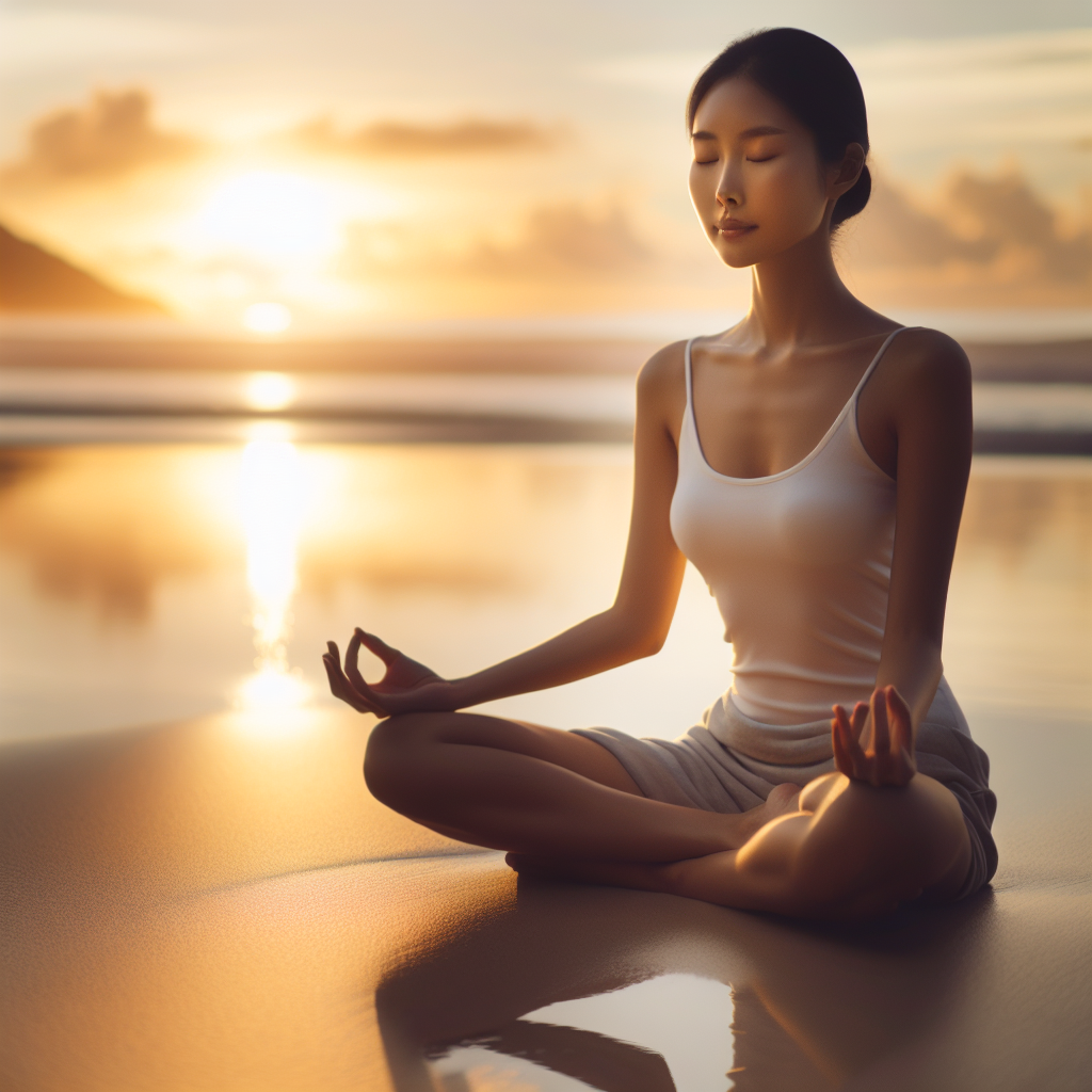 A serene image of a person sitting cross-legged on a tranquil beach at sunrise, eyes closed in meditation, with gentle waves lapping the shore and a soft golden light illuminating the scene, embodying peace and focus.