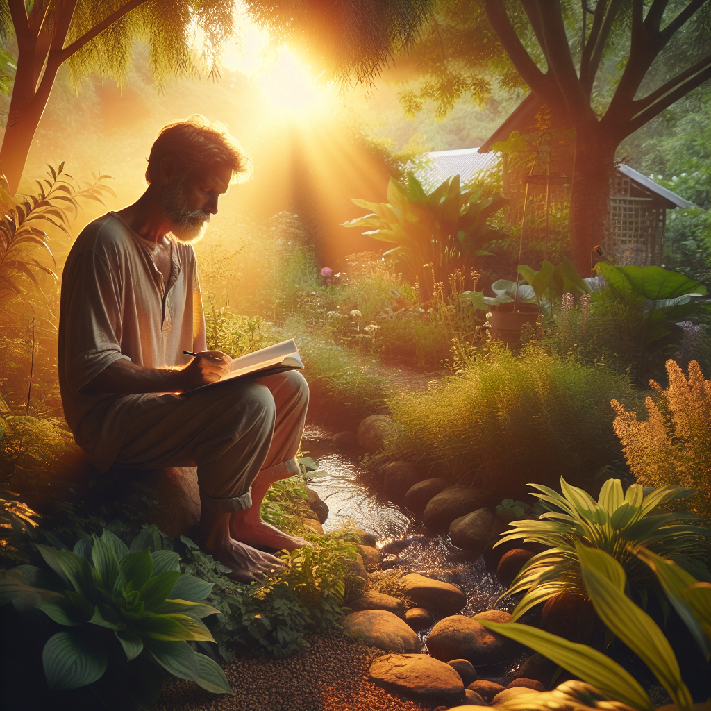 A serene sunrise scene with soft golden light illuminating a person sitting peacefully in a quiet garden, meditating or journaling, symbolizing the beginning of a journey towards gratitude and inner peace.