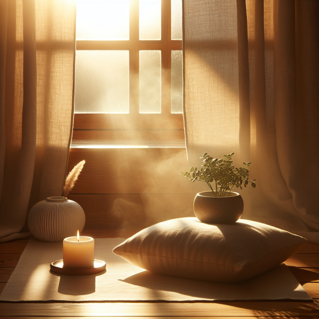 A peaceful morning scene with soft sunlight filtering through a window onto a serene meditation space, featuring a comfortable cushion, a lit candle, and perhaps a small plant, symbolizing the beginning of a calm and mindful day.