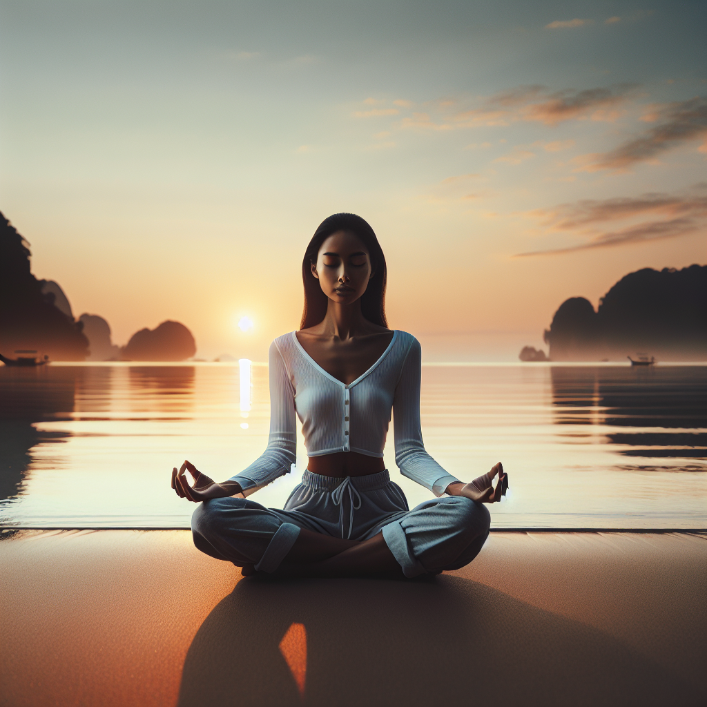A serene scene of a person seated in lotus position on a quiet beach at sunrise, eyes closed and hands resting gently on their knees, embodying the practice of mindfulness and inner peace.