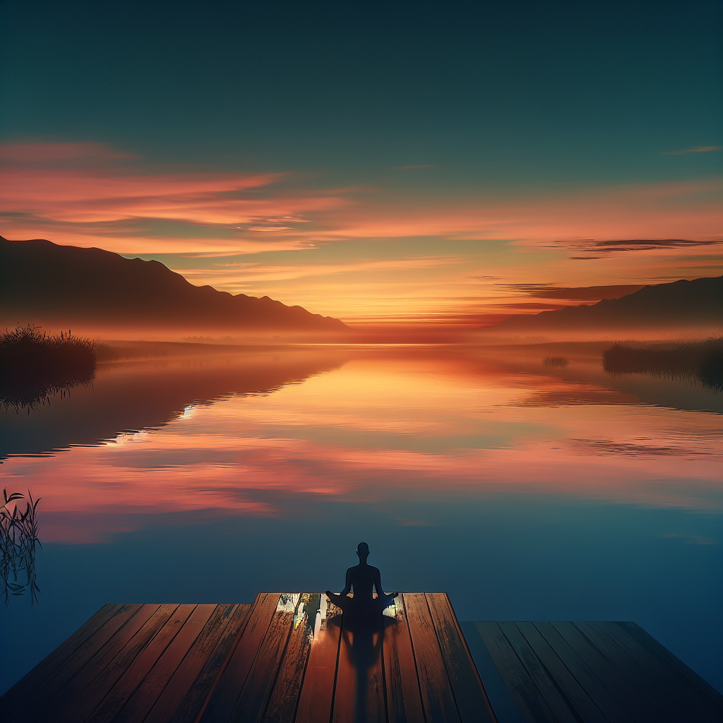 A tranquil sunrise over a calm lake, with soft hues of orange and pink reflecting on the water's surface, symbolizing the promise of inner peace amidst a busy world.