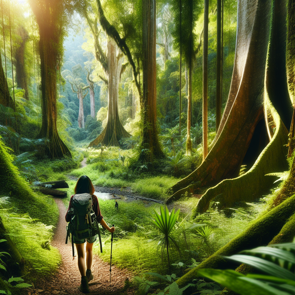 A person walking along a lush forest trail surrounded by towering trees and vibrant greenery, illustrating the grounding and rejuvenating effects of spending time in nature.