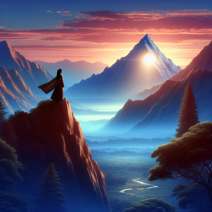 A tranquil landscape showing a person standing on a mountain peak during sunrise, symbolizing the strength and calmness achieved through emotional resilience amidst life's challenges.