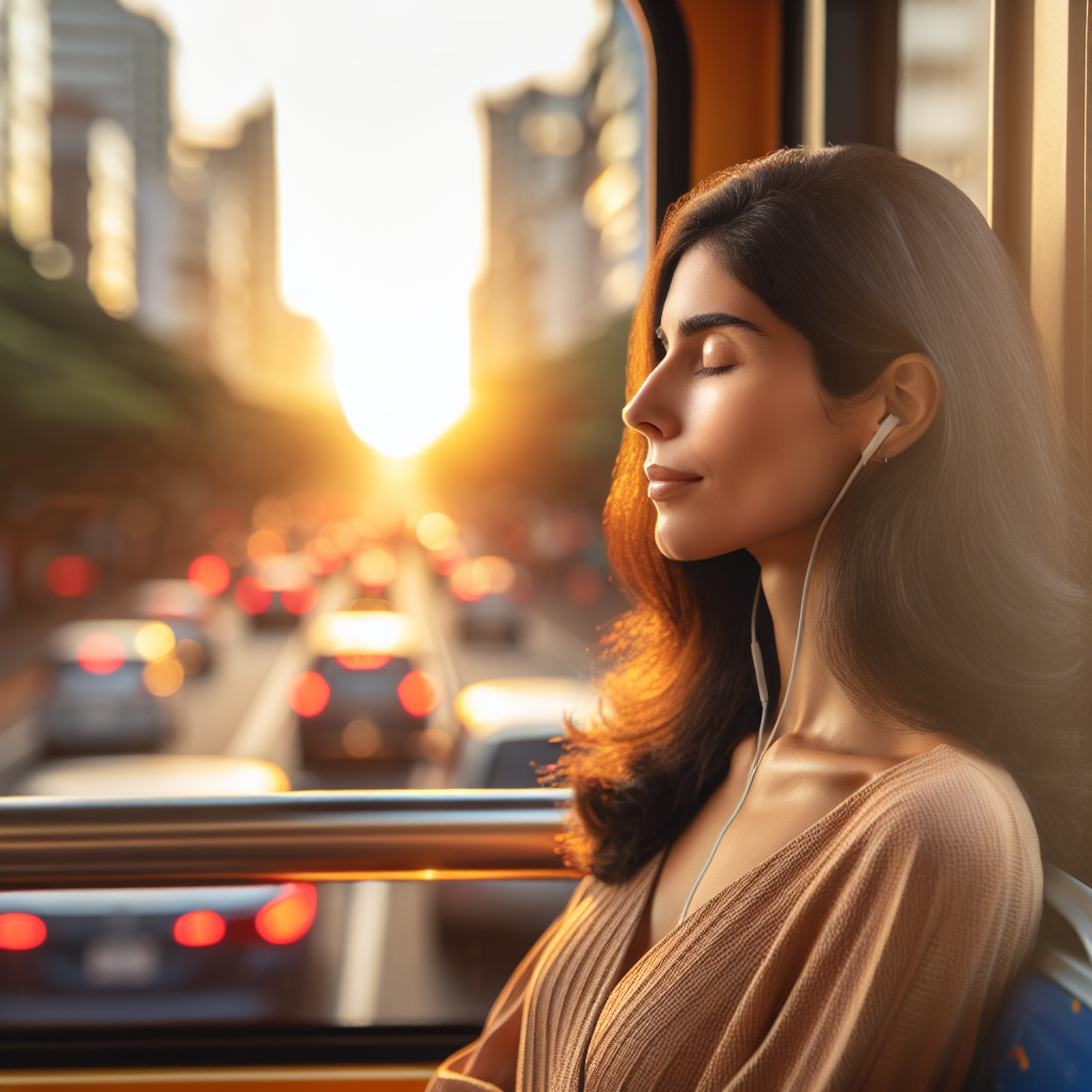 A serene image of a person sitting peacefully on a city bus, gazing out the window at vibrant urban scenery during sunrise, embodying mindfulness amidst the hustle of daily commuting.