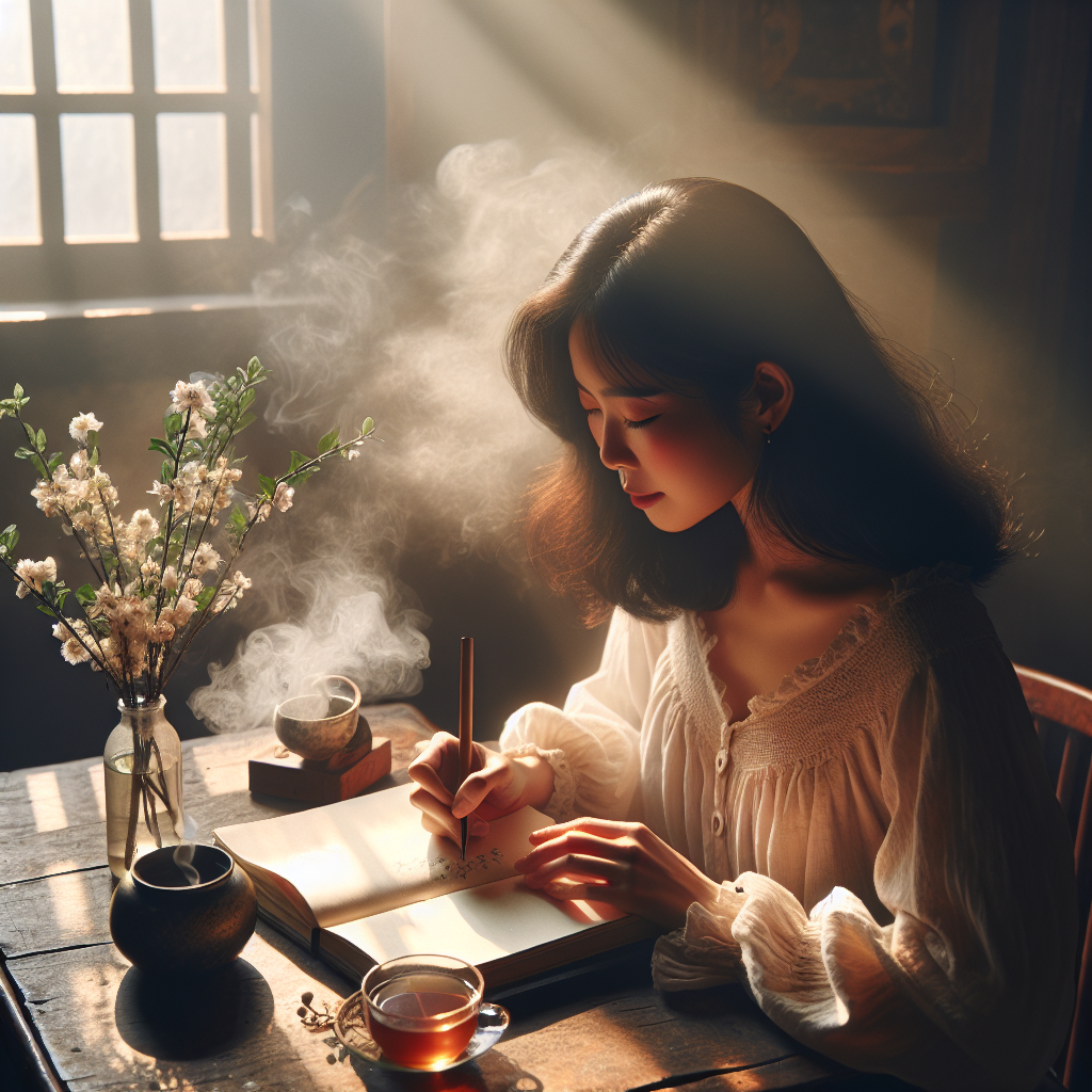 A cozy, warmly lit morning scene with a person seated at a wooden table, writing in a gratitude journal surrounded by a cup of tea, fresh flowers, and natural sunlight streaming through a window.