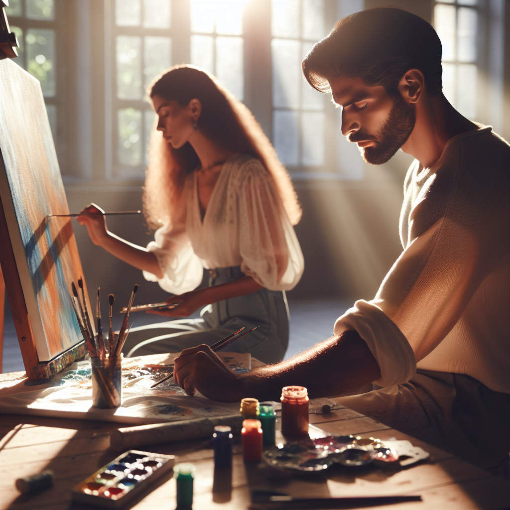 An individual deeply engaged in painting on a canvas in a tranquil studio filled with natural light, colorful art supplies scattered around, illustrating the peaceful flow of creative mindfulness.