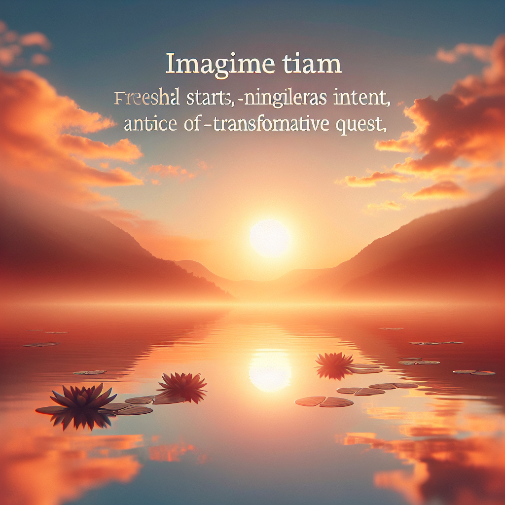 A serene sunrise over a calm lake, symbolizing a new beginning and the clarity of purpose. The sky is painted with soft hues of orange and pink, reflecting on the still water, evoking a sense of inner peace and the start of a transformative journey.
