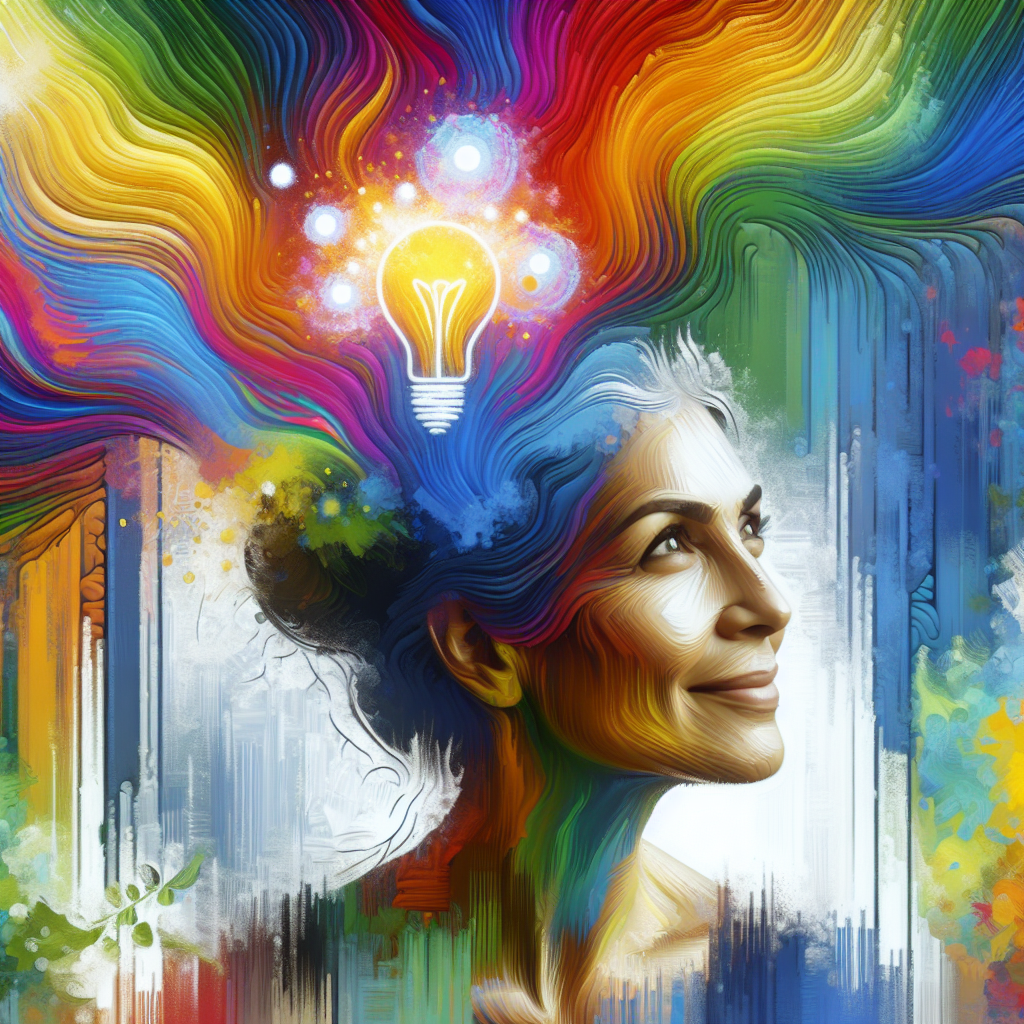 A vibrant and dynamic illustration depicting colorful, flowing thoughts and ideas emanating from a person’s head, symbolizing creativity and limitless possibilities in a serene, inspiring setting.