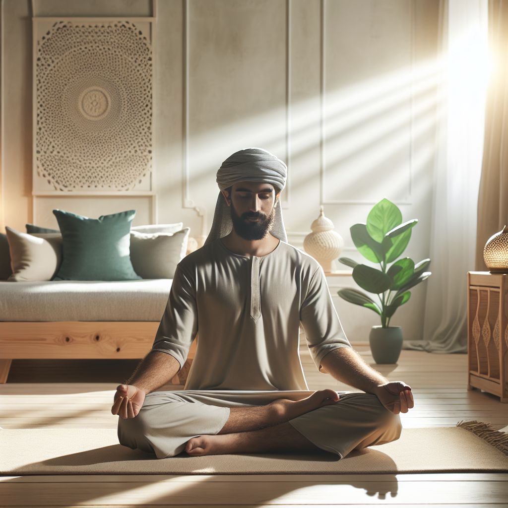 A serene scene of a person sitting cross-legged on a meditation cushion in a quiet, sunlit room, surrounded by soft natural light and minimalistic decor, conveying tranquility and inner peace.