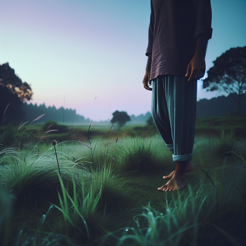 A serene summer evening scene with a person standing barefoot on cool, damp grass. The soft twilight sky casts a gentle glow, highlighting the subtle movements of the grass and the person's relaxed posture. Surrounding them, the environment is calm with a gentle breeze rustling the leaves, embodying the essence of grounding and inner peace.
