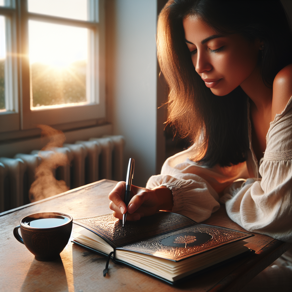 A cozy morning scene with a person sitting by a window, writing in a beautiful notebook with a pen, accompanied by a steaming cup of coffee and soft natural light illuminating the workspace, symbolizing the start of a gratitude journaling practice.