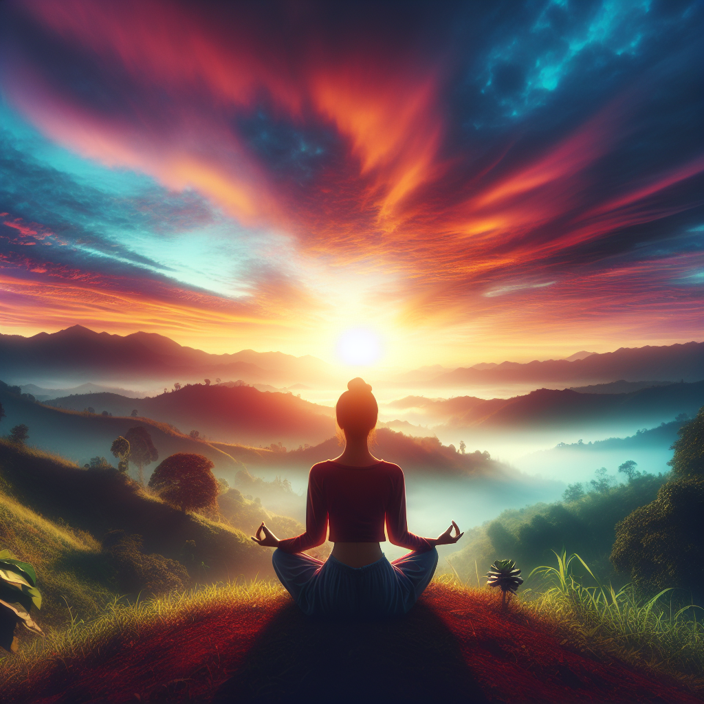 A tranquil outdoor setting where an individual is meditating on a peaceful hillside during sunrise, surrounded by vibrant colors of the sky and nature, capturing the essence of mindful appreciation and being present in the moment.