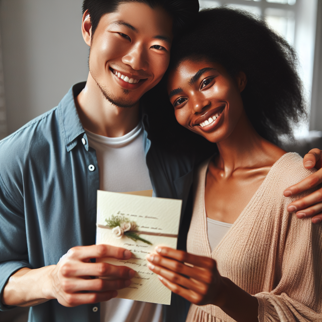A heartfelt moment between friends where one person is handing a handwritten thank-you card to another, both smiling warmly, highlighting the importance of expressing gratitude and strengthening relationships.