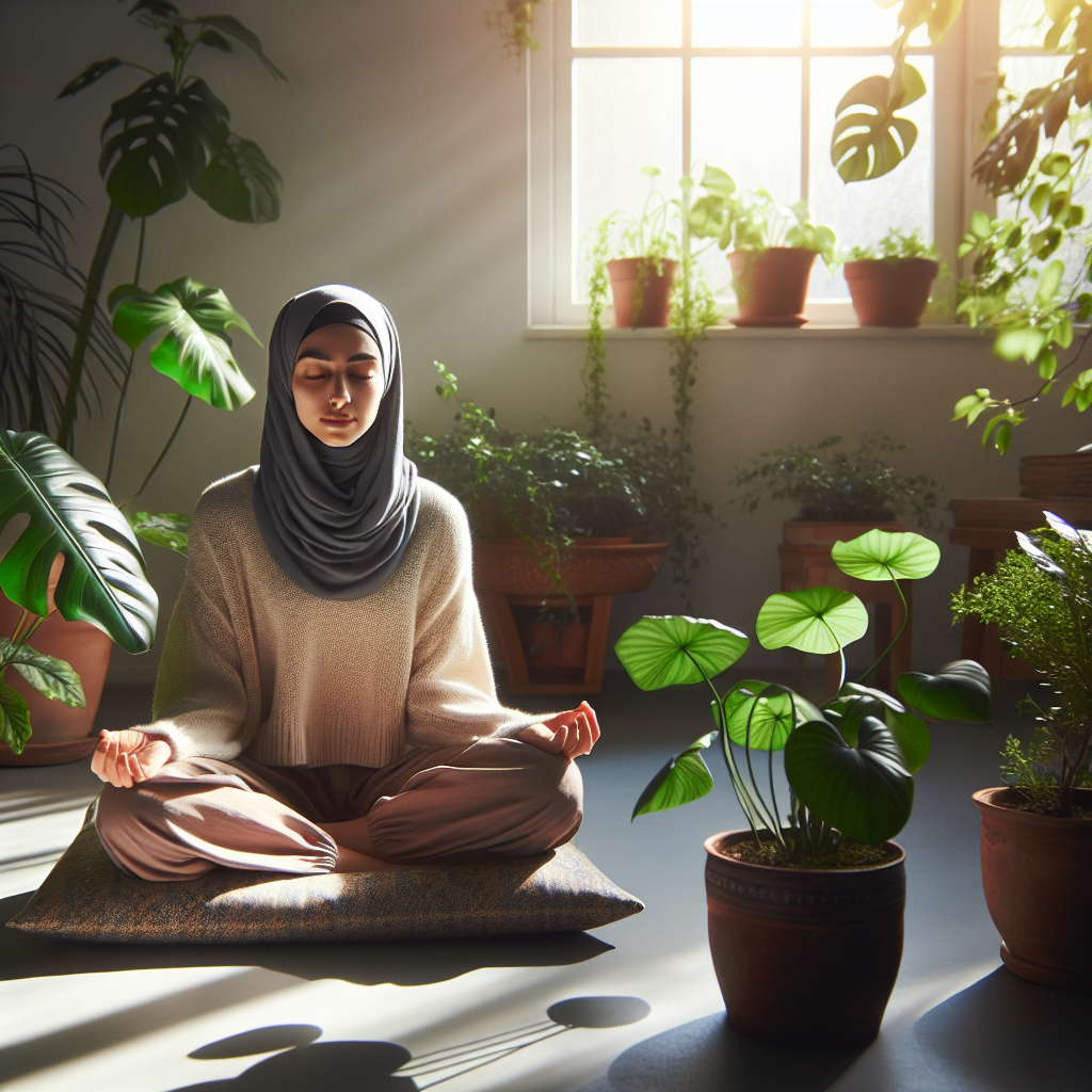 A serene scene of a person sitting cross-legged on a cushion in a quiet, sunlit room, eyes closed in meditation, with soft natural light streaming through a nearby window and indoor plants adding a touch of nature.