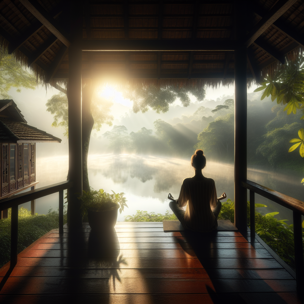 A tranquil scene of a person meditating on a quiet morning porch overlooking a misty lake, with soft sunlight filtering through the trees and creating a peaceful atmosphere.
