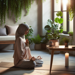 A serene person sitting in a peaceful meditation pose on a yoga mat in a quiet room bathed in soft natural light, with subtle elements like a lit candle and indoor plants to emphasize mindfulness and inner peace.