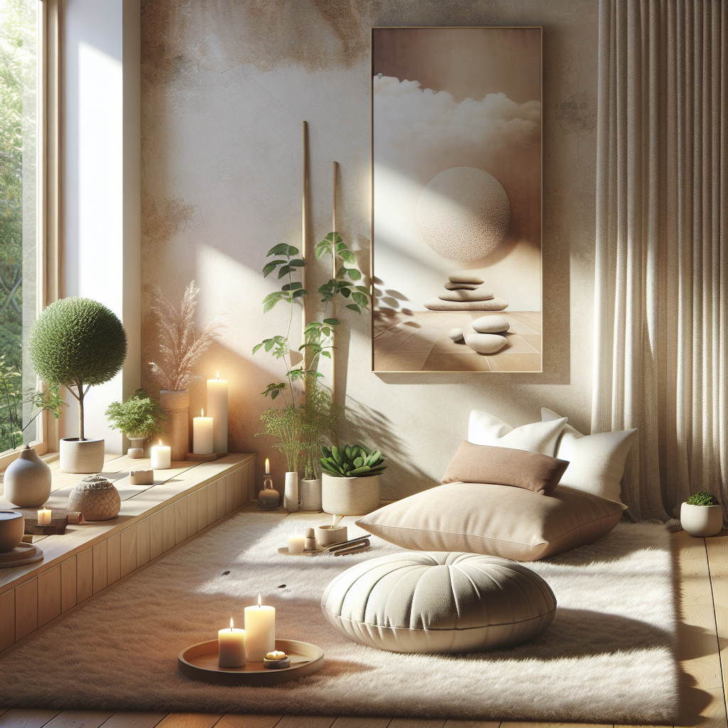 A tranquil meditation corner featuring a comfortable cushion on a soft rug, surrounded by calming elements like scented candles, a small indoor plant, and serene artwork on the wall. Natural light filters through a nearby window, enhancing the peaceful ambiance.