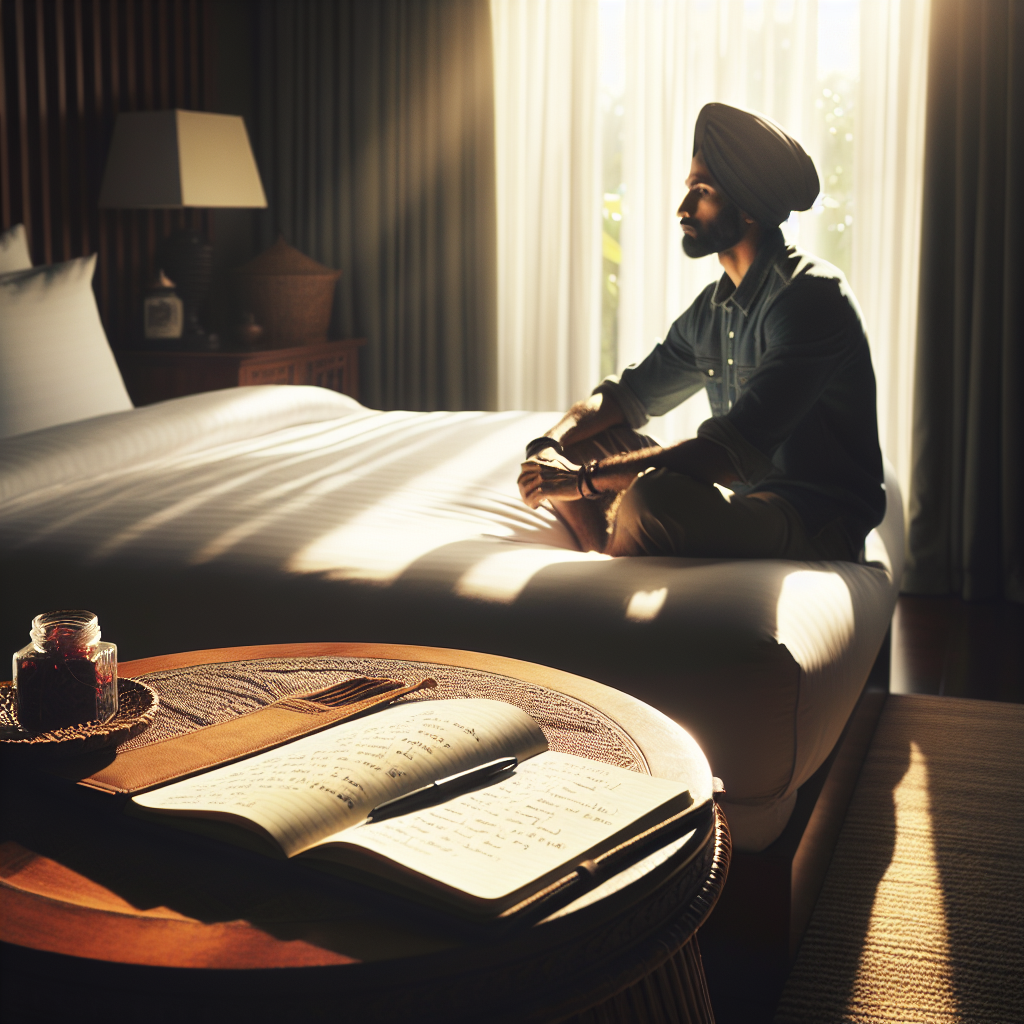 A serene bedroom scene with soft morning light streaming through the window, illuminating a bedside table with an open gratitude journal and a pen. The bed is neatly made, and a person is peacefully sitting on the edge of the bed, reflecting thoughtfully.
