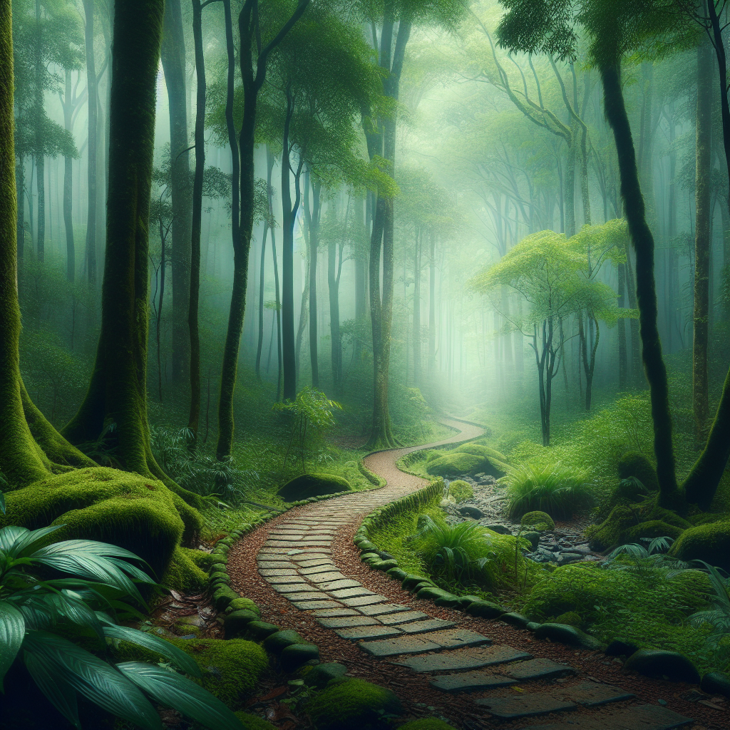 A serene pathway winding through a lush, misty forest symbolizing the journey of self-awareness and personal growth.