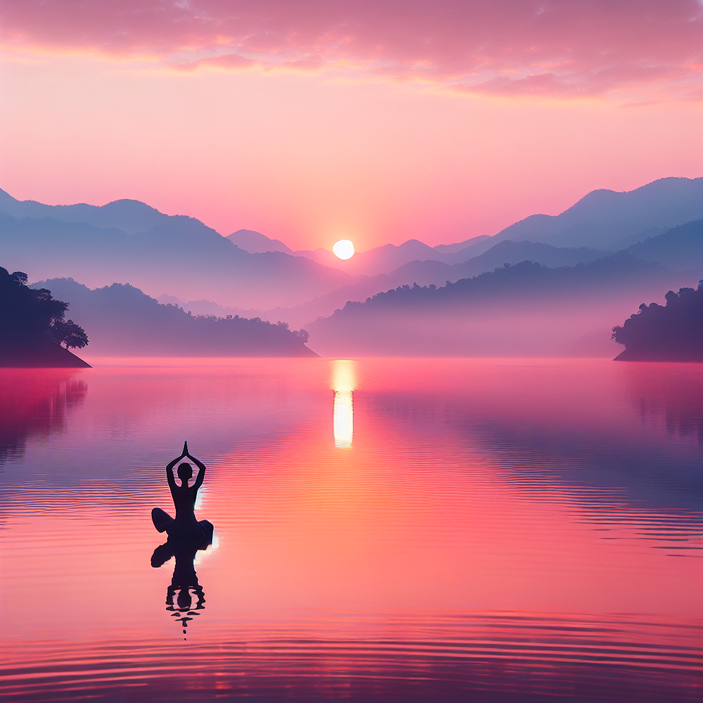 A serene sunrise over a tranquil lake, with soft pastel colors reflecting on the water's surface. Silhouettes of mountains in the background and a single person practicing yoga on the shore, symbolizing the start of a peaceful day.