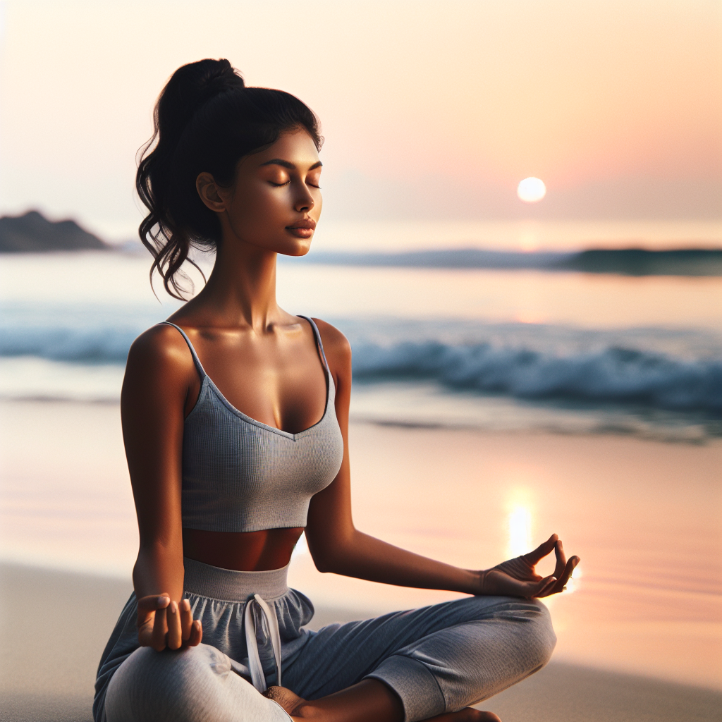 A serene image of a person sitting cross-legged on a peaceful beach at sunrise, eyes closed, with gentle waves in the background, illustrating the calm and focus achieved through mindfulness meditation.