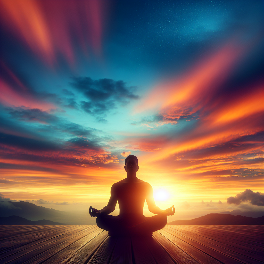 A serene sunrise over a tranquil landscape, symbolizing a new beginning. In the foreground, a person sits in a meditative pose on a hilltop, eyes closed and hands gently resting on their knees, embodying peace and readiness to embark on a journey of self-discovery and manifestation.