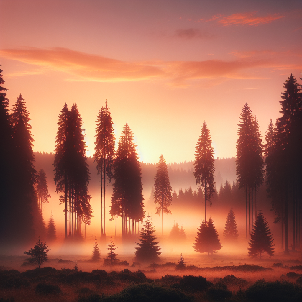 A serene forest landscape at dawn, with soft golden and pink hues in the sky, tall pine trees silhouetted against the early morning light, and a mist gently hovering above the ground, capturing the tranquil and sacred bond between nature and the soul.