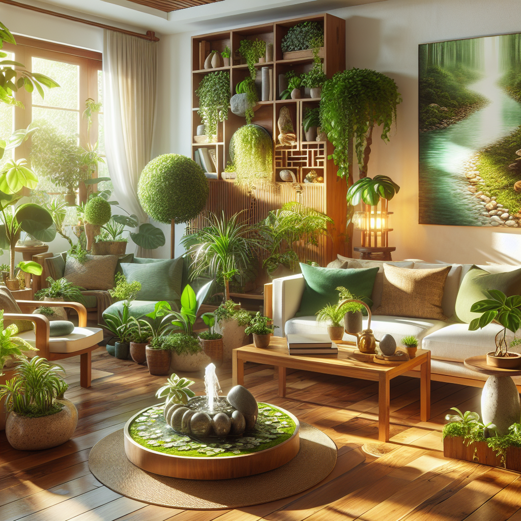A serene living room bathed in natural light, featuring abundant green indoor plants, a small indoor fountain gently flowing water, and wooden furniture that exudes warmth and grounding. Elements like decorative stones and a stone centerpiece on a wooden table highlight the connection to nature, creating a vibrant and tranquil atmosphere.